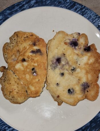 Two keto blueberry pancakes on a plate.