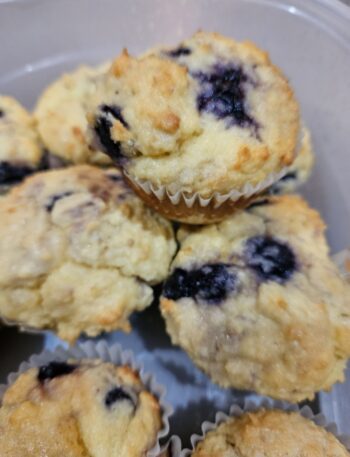 A stack of keto blueberry muffins.